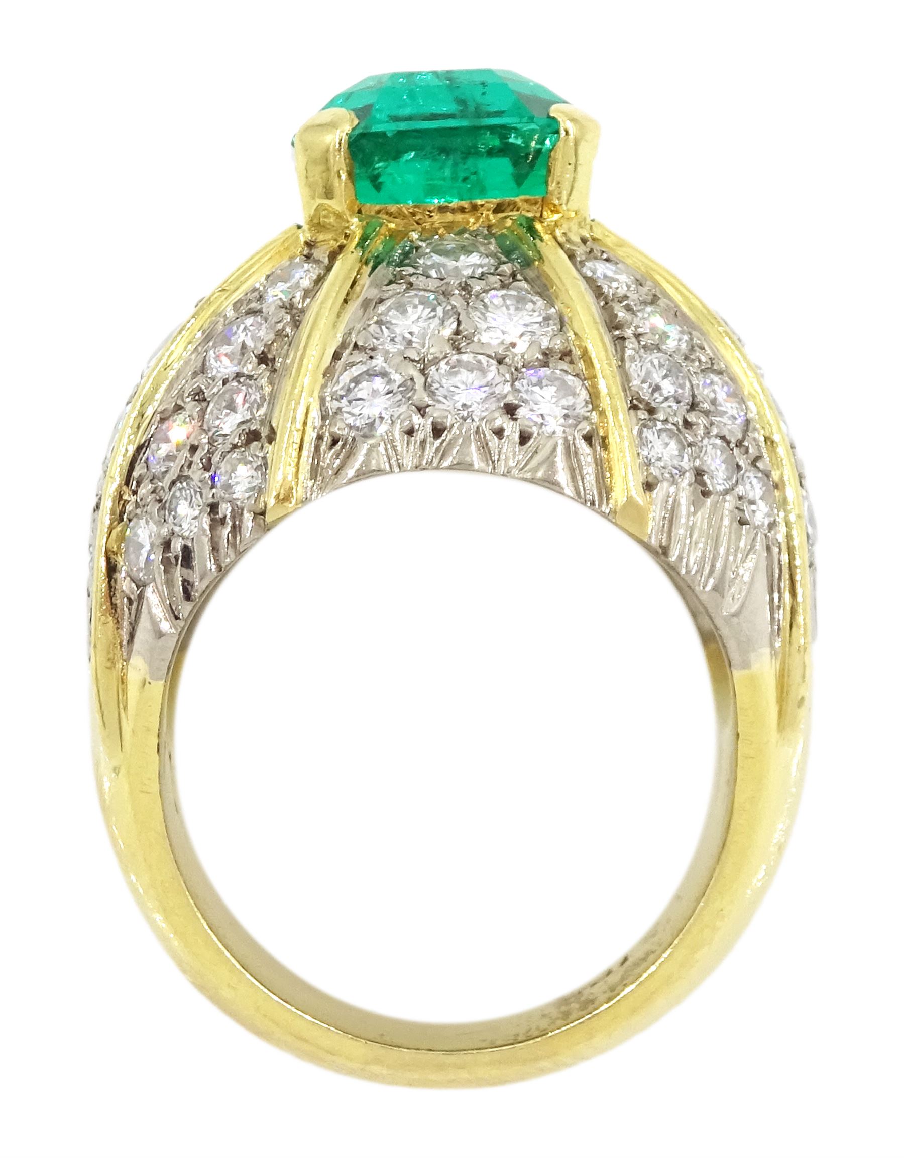 18ct white and yellow gold emerald and diamond dome ring, octagonal cut emerald, surrounded by eight sections of pave set round brilliant cut diamonds, emerald approx 3.65 carat, total diamond weight approx 4.00 carat