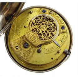 19th century silver pair cased verge fusee pocket watch by John Roberts, London, No. 9388, round pillars, pierced and engraved balance cock decorated with a mask, silver champleve dial depicting a nude female standing on a bridge amongst the stars, wandering hour dial with Arabic five minute markers and single hand, bull's eye glass, case by George Richards London 1832