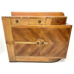Art Deco oak sideboard, raised shaped back, two drawers above two cupboards, platform base