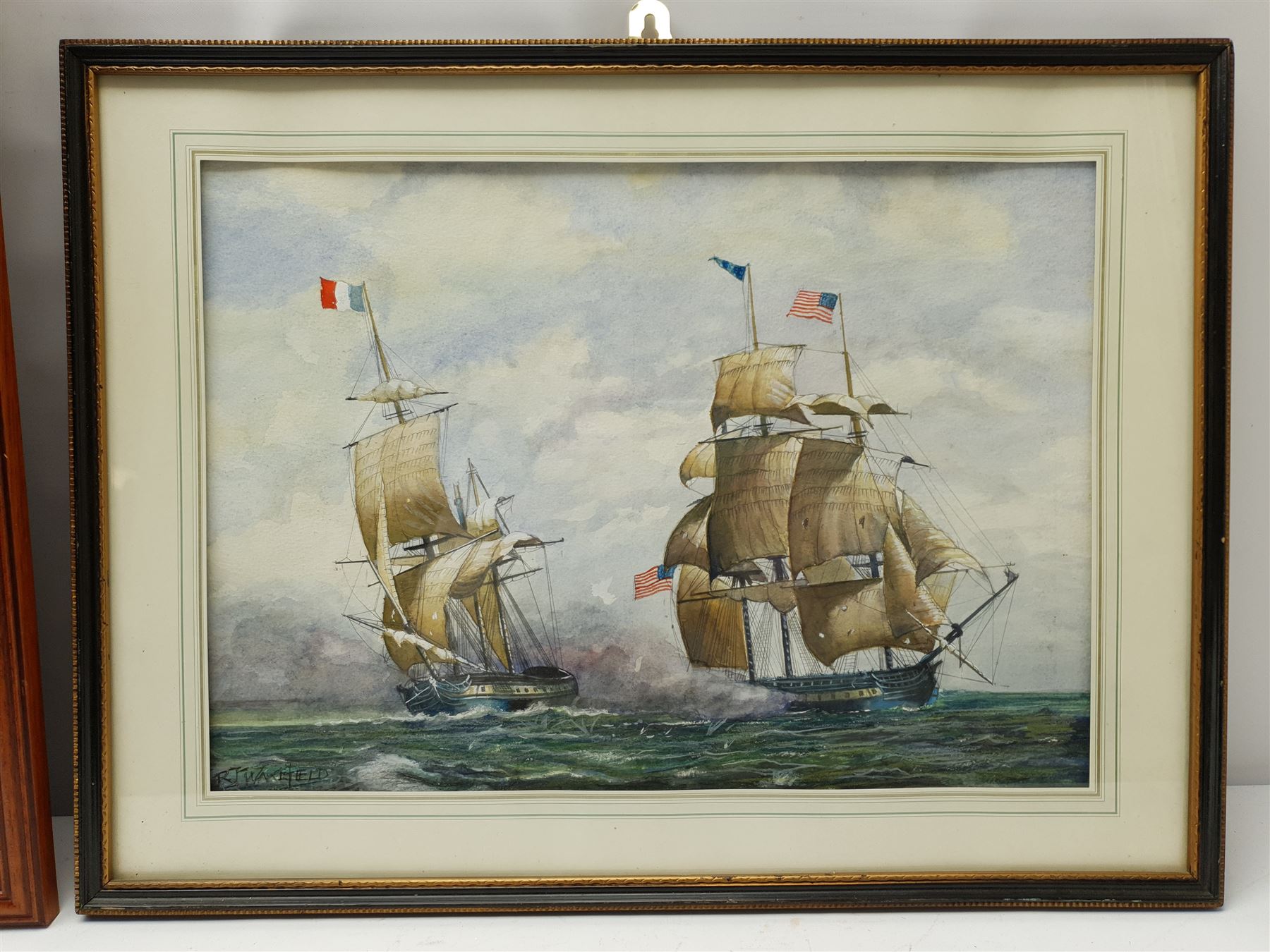 Adrian Thompson (British 1960-): 'Setting the Sail for Home' - HM Bark Endeavour, limited edition colour print signed dated '98 and numbered 97/500 in pencil 49cm x 37cm; RJ Wakefield (British 20th century): USS Constellation vs L'Insurgente, watercolour signed 28cm x 40cm (2)