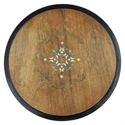 19th century brass inlaid wine table, on a barley twist column terminating in three cabriole supports