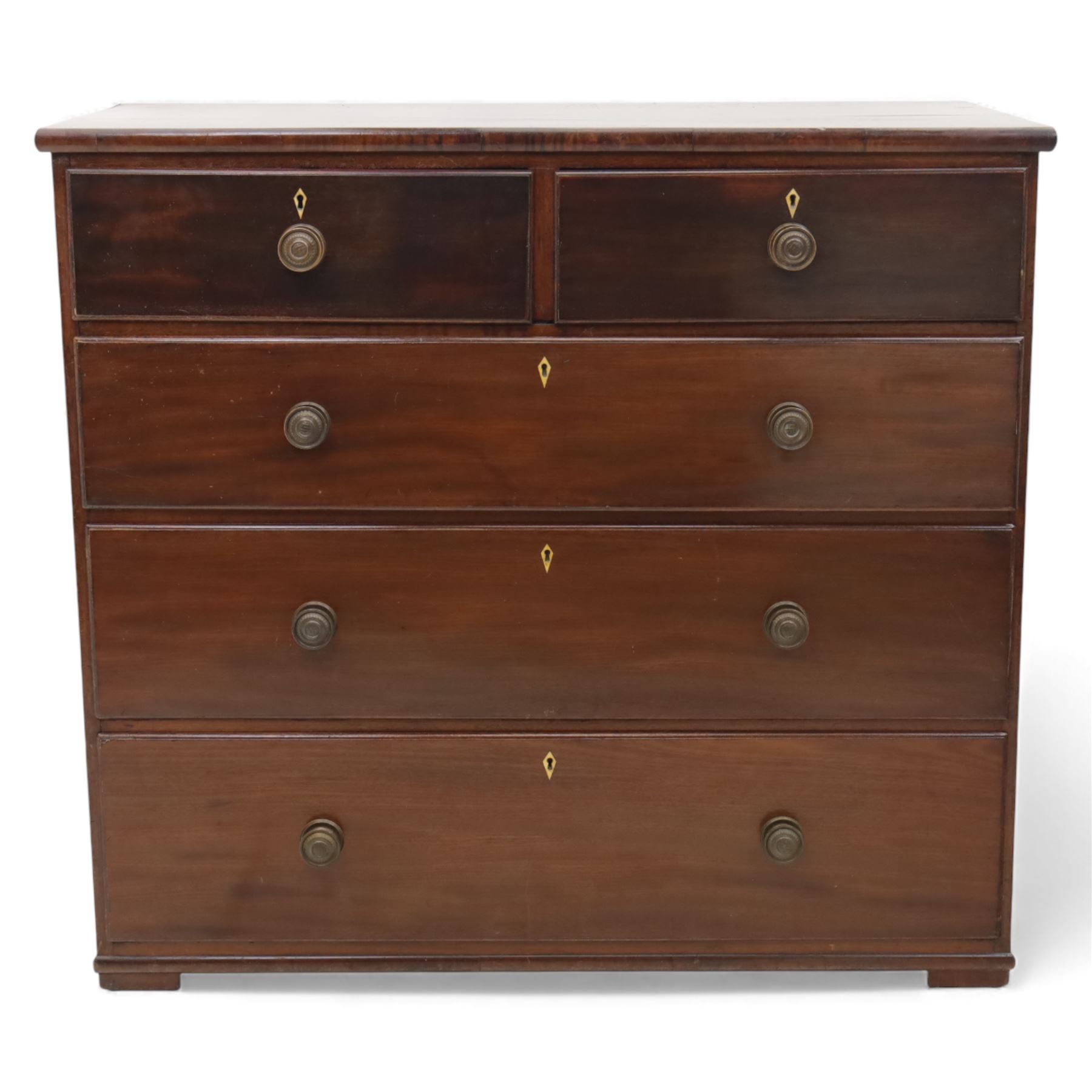 19th century mahogany chest, with a rectangular top over two short and three long graduated drawers fitted with turned knobs and bone escutcheons, raised on shaped bracket feet