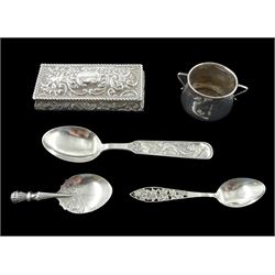 Silver lidded box with embossed decoration by Charles Horner, Birmingham 1906, silver caddy spoon by William Henry Sparrow, Birmingham 1904, Danish silver christening spoon by David Anderson, one other spoon and a small bowl, all stamped or hallmarked, approx 4.9oz