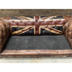 Chesterfield two sofa upholstered in brown leather, with Union Jack pattern, no seat cushions - located in storage, viewing not available