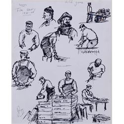 Jack Rigg (British  1927-2023): Whitby Fish Quay Portraits and Yorkshire Cobles - Filey and Whitby, two pen and ink sketches variously inscribed and dated, 25cm x 20cm and 11.5cm x 25cm (2) (unframed)