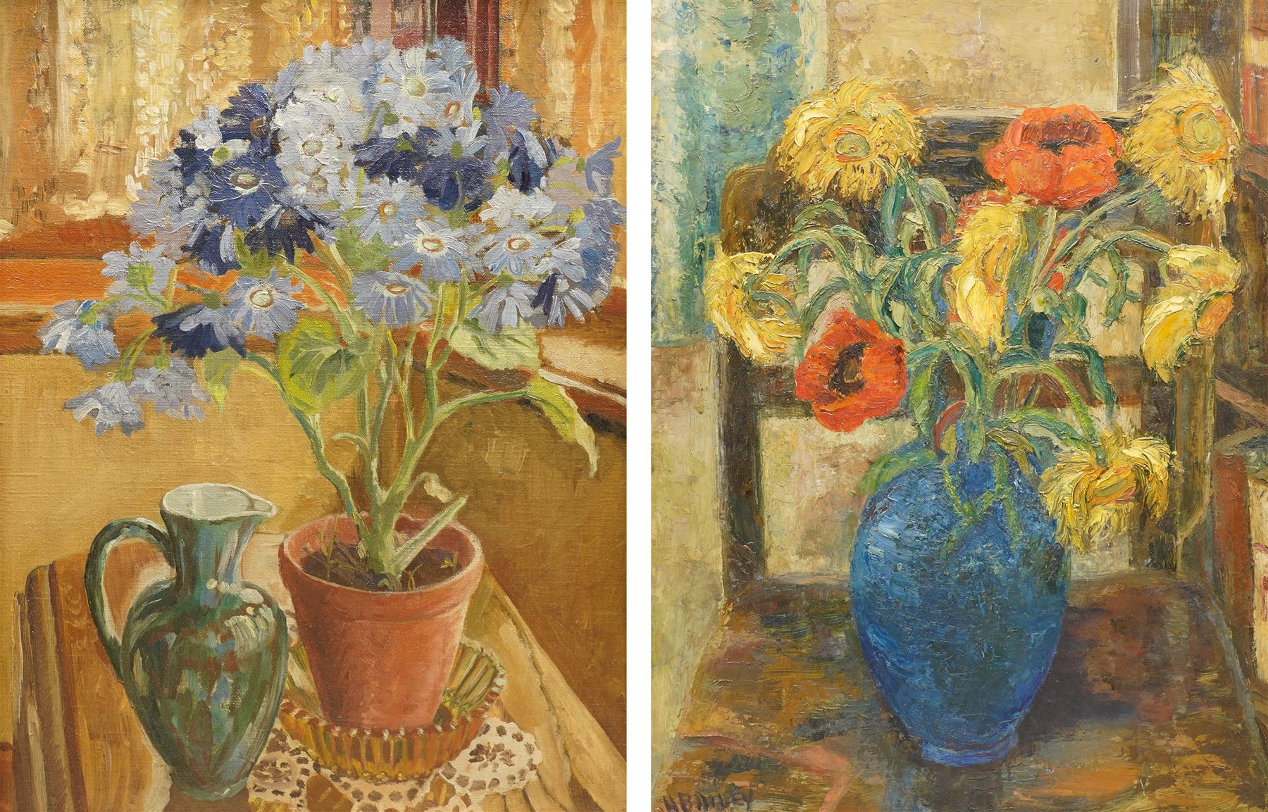 H Bailey (British Mid-20th century): Still Life of Sunflowers in a Vase, oil on board signed 50cm x 37cm; Sibil Elizabeth Swinden (British Mid-20th century): Still Life of Blue Flowers in a Pot, oil on canvas labelled verso 44cm x 34cm (2)