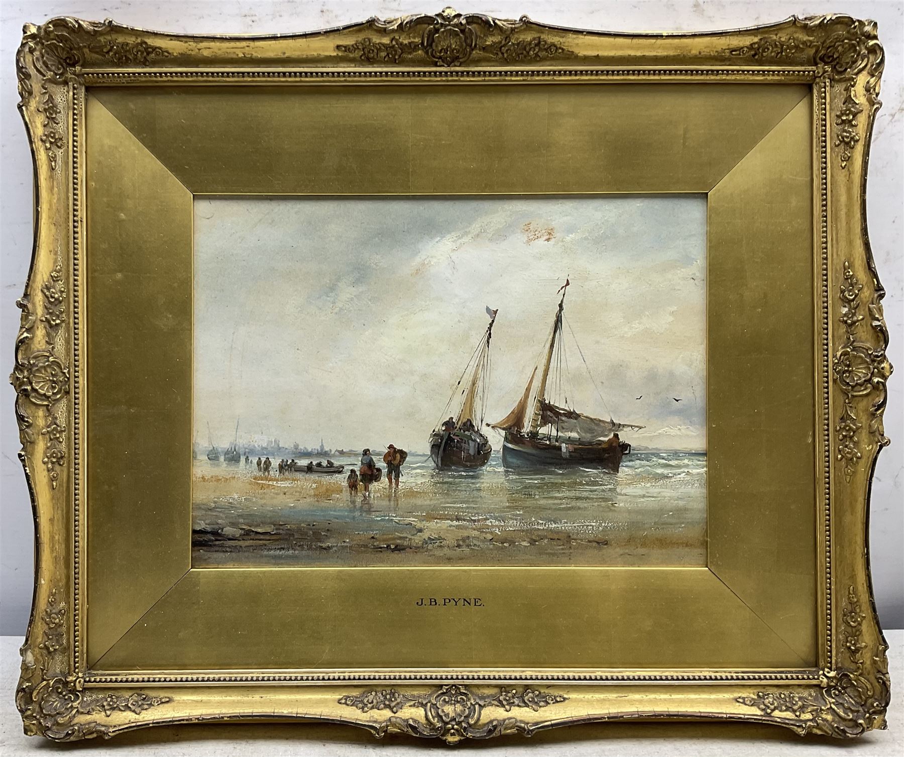 Attrib. James Baker Pyne (British 1800-1870): Unloading on the Shore with a Distant Town Beyond, oil on board unsigned 21cm x 29cm