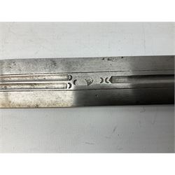 19th century Khanjali dagger, 33.5 cm double edged fullered blade with stamped makers marks, ornate cast grip, with engraved white metal scabbard, 46cm overall