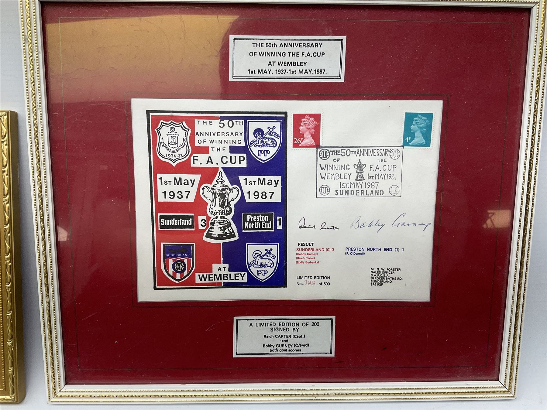 Limited edition First Day Cover 1987 for Sunderland's 50th Anniversary of Winning the F.A. Cup; signed by Raich Carter and Bobby Gurney No.1sp/500; limited edition First Day Cover 1993 to celebrate Raich Carter's 80th Birthday No.1aSp/100; photograph of the RAF XI v Scotland team including Carter and Stanley Matthews; photograph of Carter scoring against Preston N.E. in 1937; photograph of the Hull City squad on tour to Tel Aviv 1949; and photographic print entitled 'North v South Trial Match Bournemouth 2-4-27 Northern Boys' with manuscript note verso by Carter identifying which is him; all framed; Provenance: By direct descent from the family of Raich Carter having been consigned by his daughter Jane Carter (6)