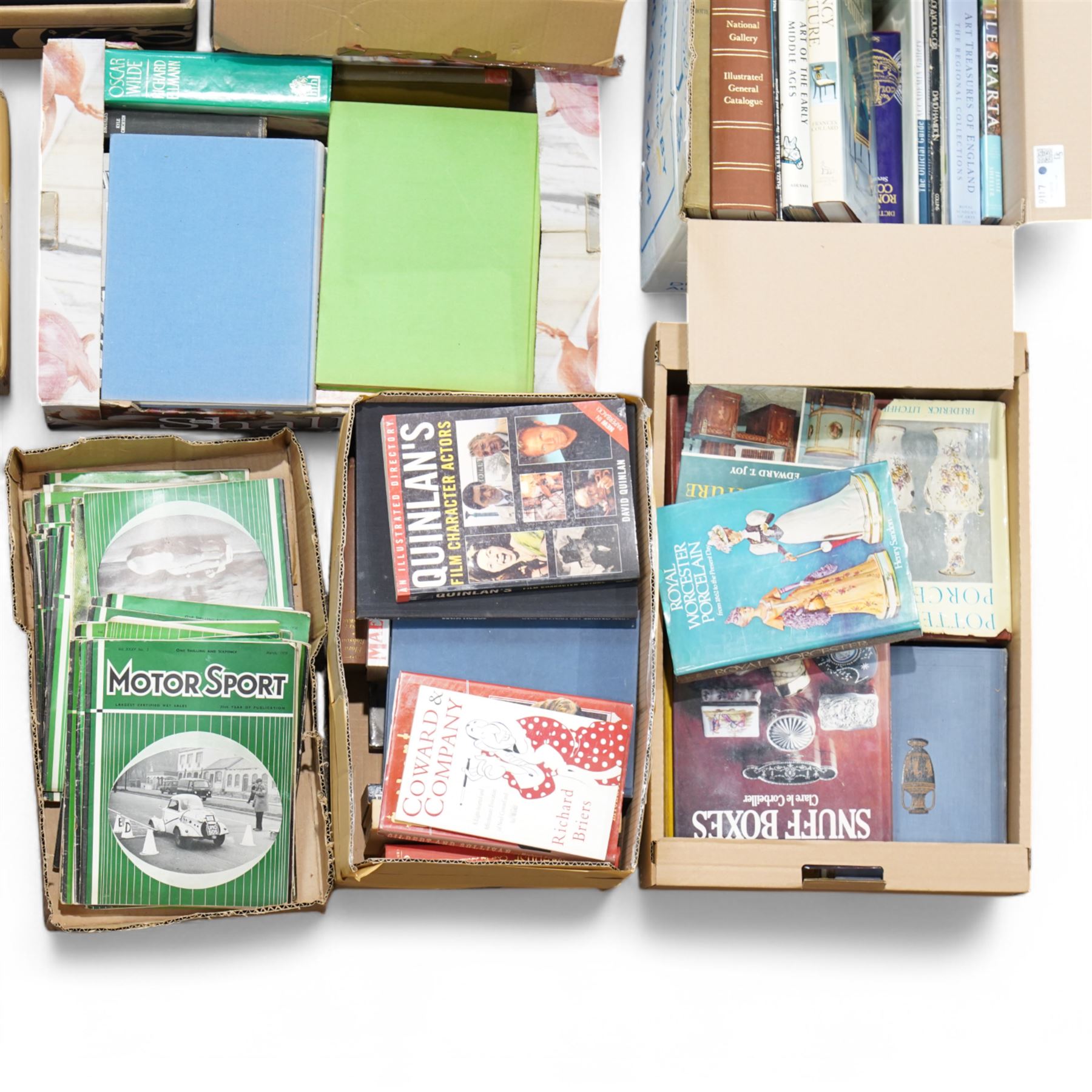 Large collection of mainly art and antiques reference books, and others, various classic car interest repair and history books including Bugatti and Jaguar etc, contents in seventeen boxes