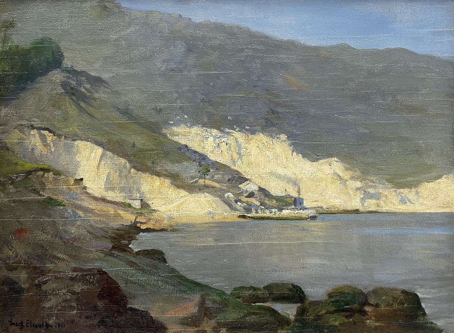 Frederick (Fred) William Elwell RA (British 1870-1958): 'A Fine Day Coast of Spain', oil on panel signed and dated 1911, remains of original title label verso 29cm x 39cm 
Provenance: East Yorkshire dec'd estate; with Christie's 28th June 2001 Lot 227; Dee Atkinson & Harrison, Driffield, 18th February 2005 Lot 416