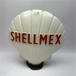 Shellmex glass petrol pump globe by Hailware, of shell shaped form with red lettering H44cm