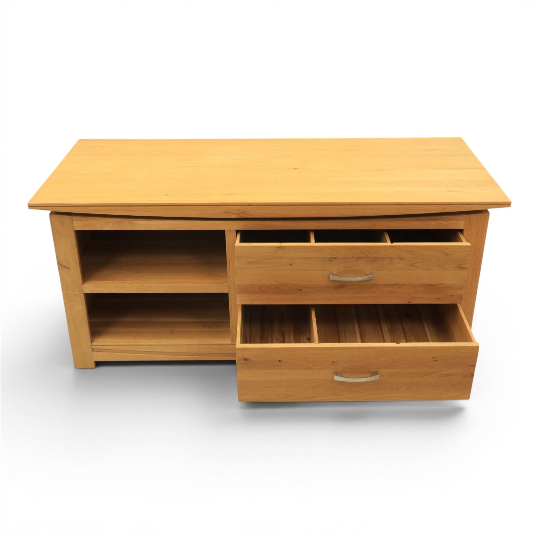 Contemporary light oak television or media unit, two drawers and two open shelves, with apertures for wires