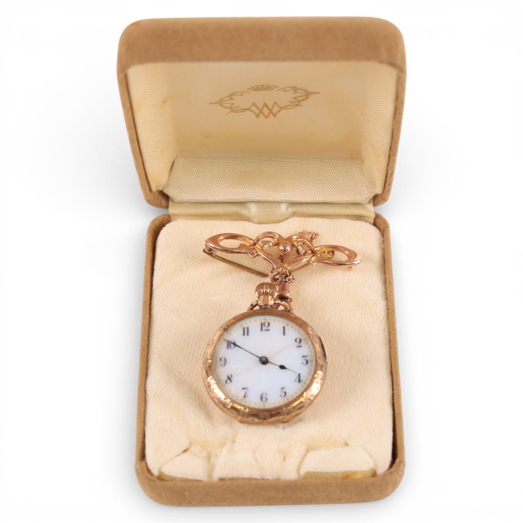 Early 20th century 9ct gold keyless cylinder fob watch, London import mark 1908, with 9ct rose gold brooch stamped 9c