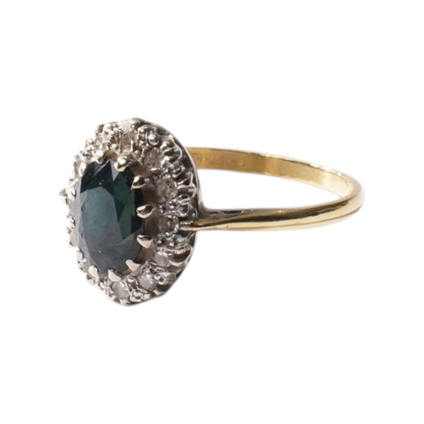18ct gold sapphire and diamond cluster ring, hallmarked 
