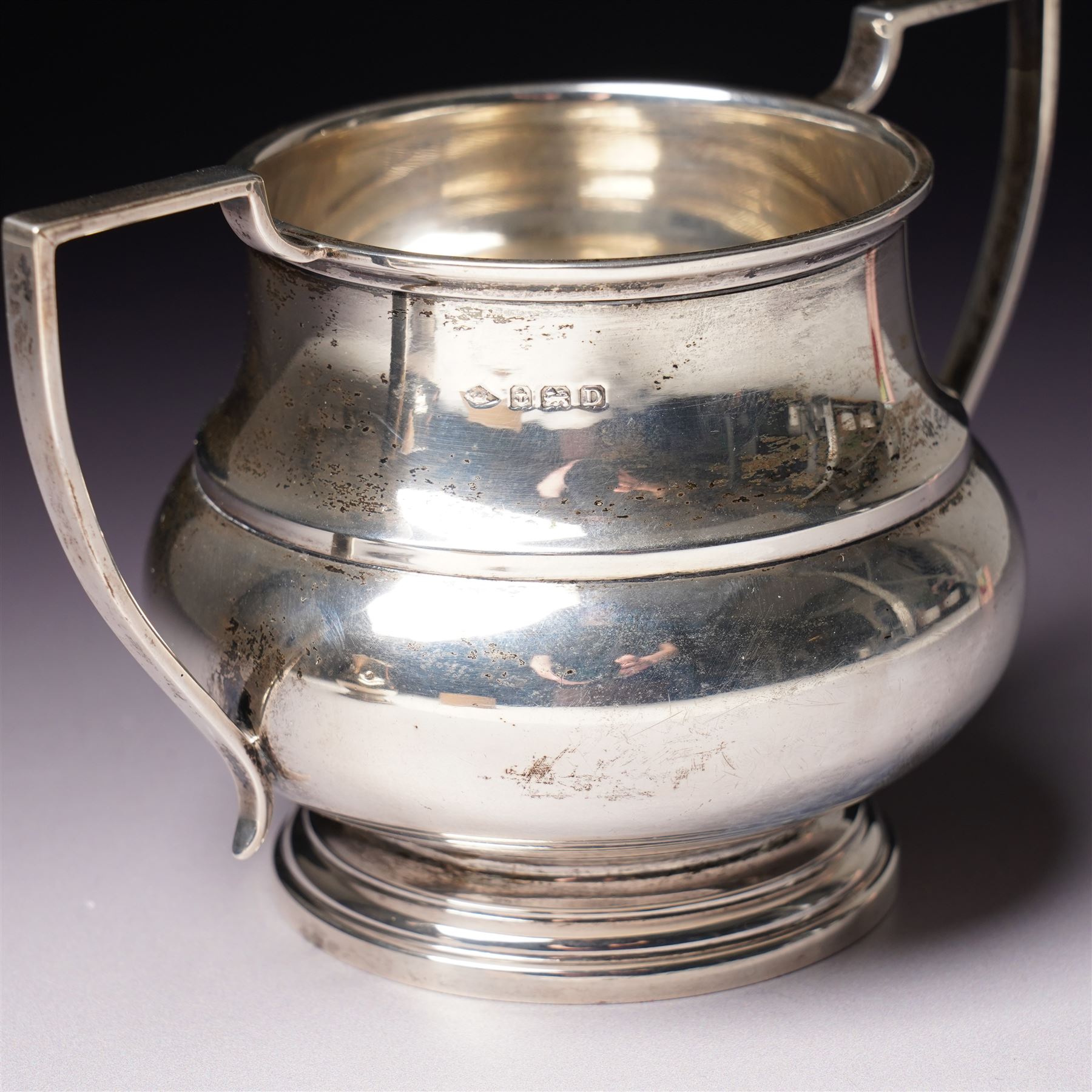 Silver baluster cream jug and matching two handled sugar bowl Birmingham 1928 Maker s mark K & L