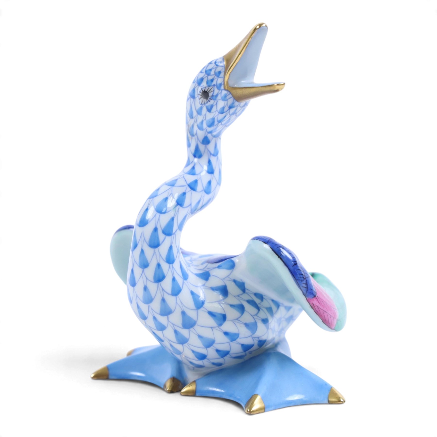 Herend, Hungary - Pair of ducks in blue fishnet decoration, together with goose in the same design and Herend trinket dish decorated with birds and insects, goose H11cm 