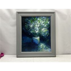 Shannon Morgan (USA 1966-): 'Flowers in Moonlight', oil on artist's board signed, titled verso 60cm x 50cm
Notes: Shannon was born and raised in the USA but for the last fifteen years has lived and worked in the City of York. Exhibiting with the Society of Women Artists in London, the Ferens Gallery Hull and the York Art Society