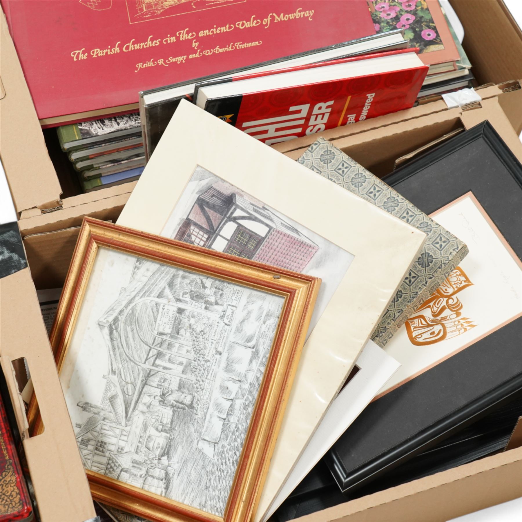 Large collection of prints, original oil of Chinese Junk ships, quantity of books, mainly historical and art related, two chess boards and figures, etc 