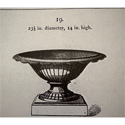 Coalbrookdale - pair of 19th century cast iron petal rim urns, squat form on square plinth...