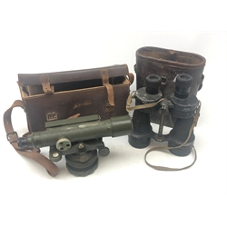  Pair WW2 British Bino Prismatic No. 5 MkIII Binoculars and military dumpy level in brown leather case (2)  