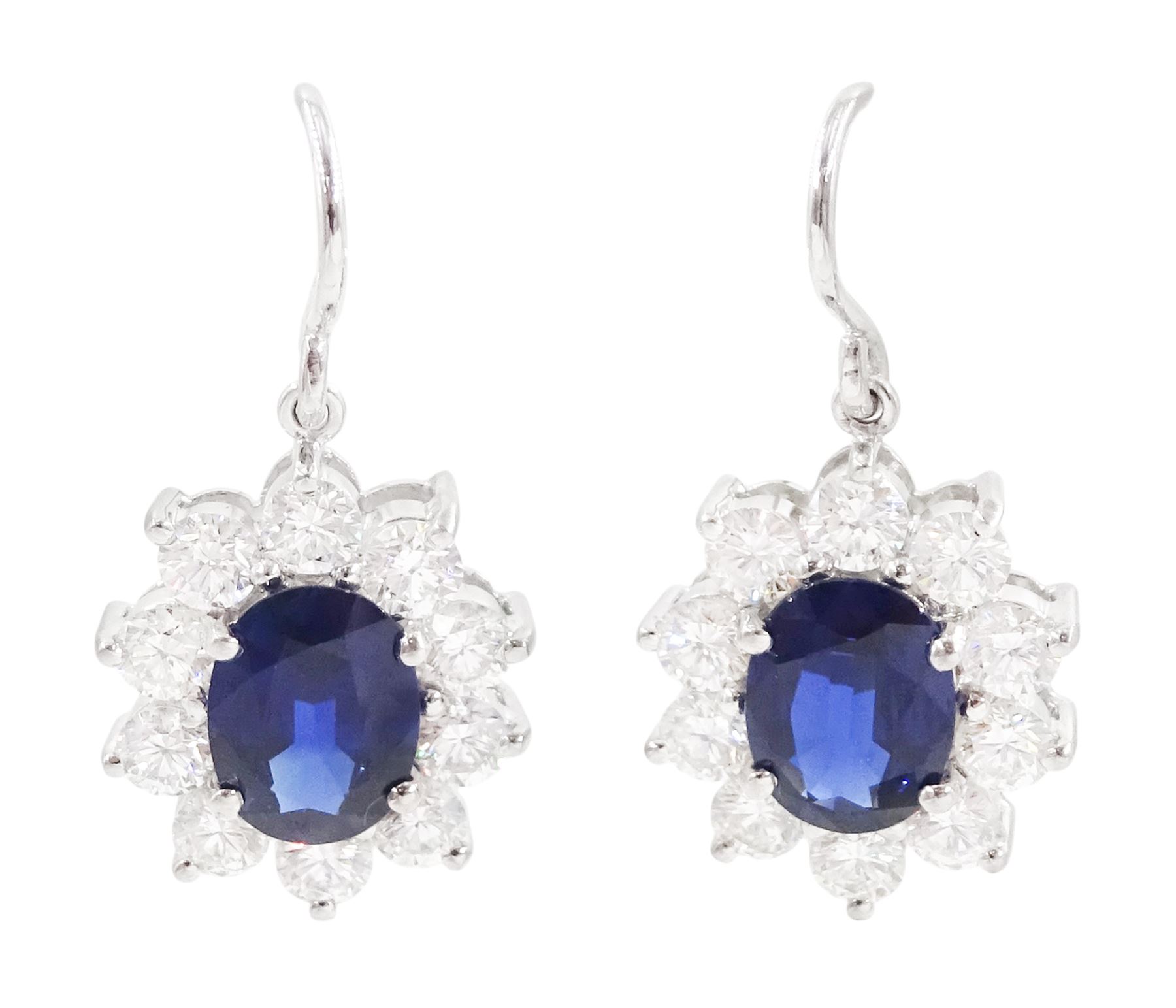 Pair of 18ct white gold oval cut sapphire and round brilliant cut diamond pendant earrings, total sapphire weight approx 2.65 carat, total diamond weight approx  2.00 carat