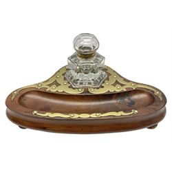 Victorian walnut and fretworked brass trefoil shaped ink stand with inset clear glass hexagonal ink well L33cm