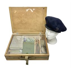 Collection of nineteen British Army booklets 1940s - 1970s including Small Arms Training 1944, various Infantry Training, Cadet Training Manual 1978, Signal Training, Commander's Aide Memoires etc; 1950s blue beret with Yorks Brigade badge; part travelling toilet set in cloth roll; all contained in pine box with webbing straps