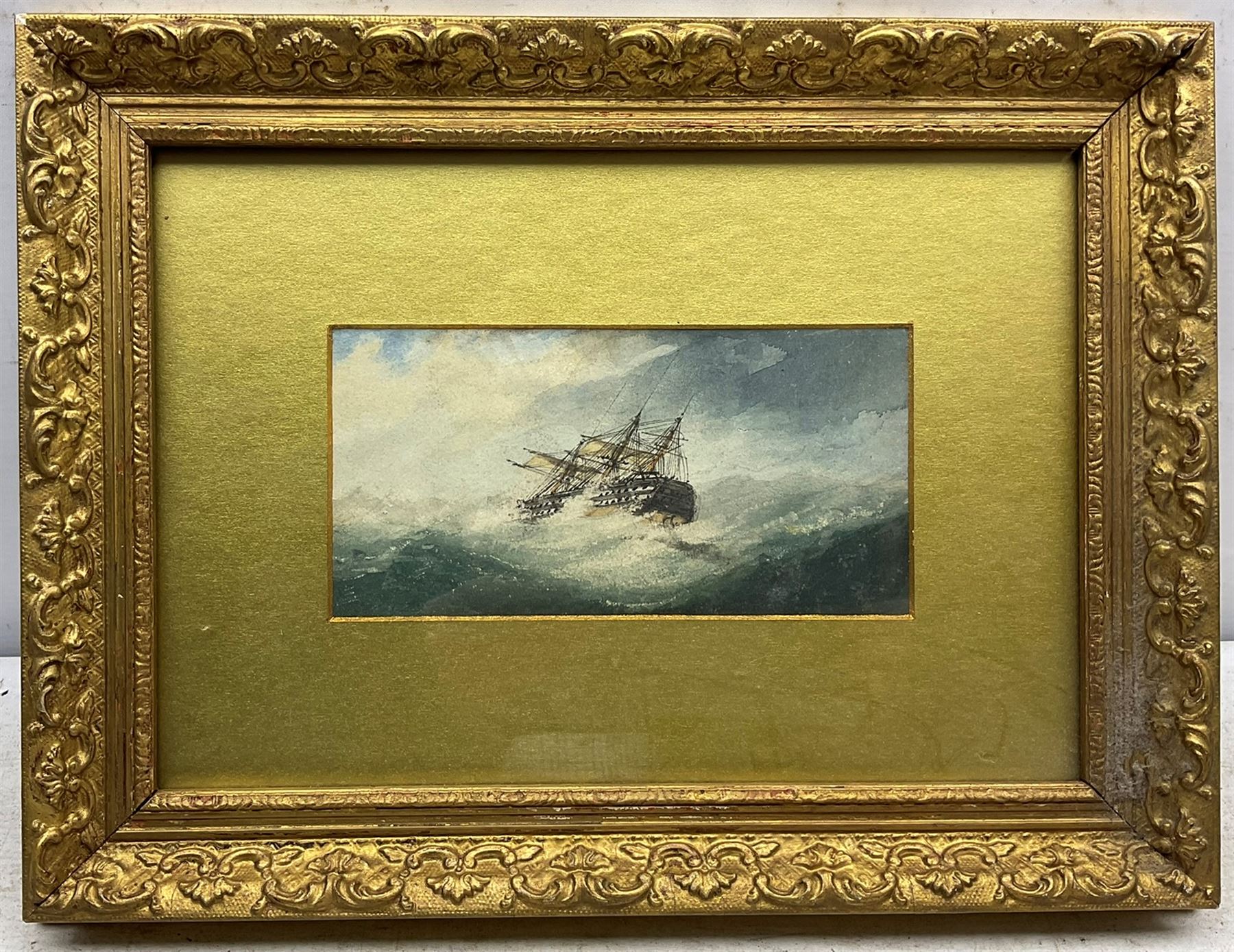 English School (19th century): Ship Floundering in High Seas, watercolour unsigned 9cm x 18cm