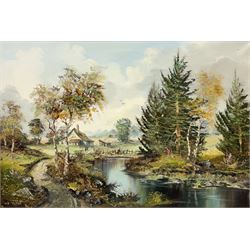 John Corcoran (British 1942-): Cottage in a Woodland Landscape, oil on canvas signed 60cm x 90cm