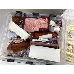 Georgian style paper lined wooden dolls house, three storey with wooden and plastic accessories and window fixtures, H90cm, W96cm, D52cm