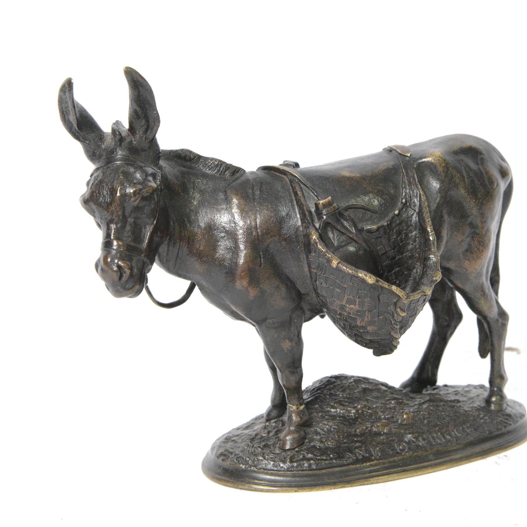 After Auguste Nicolas Cain (French 1821-1894): 'Ane D'Afrique', bronze figure of an African Wild Donkey carrying panniers, upon naturalistically modelled oval base, signed, H14.5cm