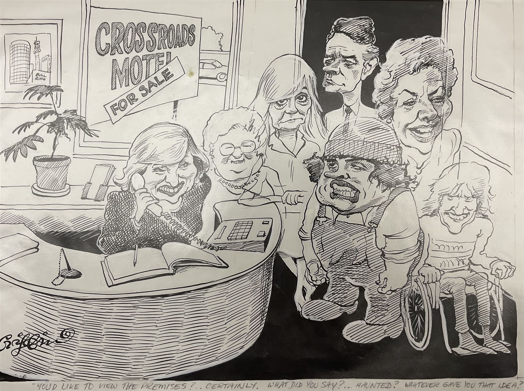 Charles Griffin (British 1946-): 'You'd like to view the premises?...Certainly. What did you say?...Haunted? Whatever gave you that idea?' Crossroads Characters, pen and ink cartoon signed and captioned, 31cm x 42cm (unframed)