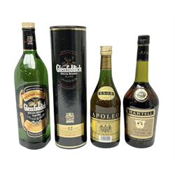 Glenfiddich Special Reserve 12-Year old single malt whisky 70cl, 40%vol, boxed, Glenfiddich Special Reserve single malt whisky 1lt, 43%vol, Martell  Cognac, 68cl, 40%vol and Napoleon French Grape Brandy 70cl, 36%vol (4)