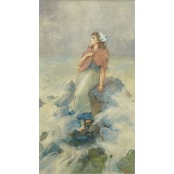 Janet Lewis (British 19th century): Maiden Looking out to Sea, watercolour signed and dated 1893, 34cm x 19cm
