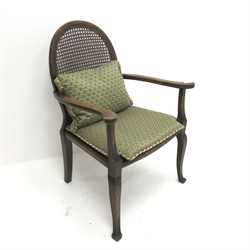 Early 20th century beech framed armchair, cane seat and back, cabriole legs, W58cm
