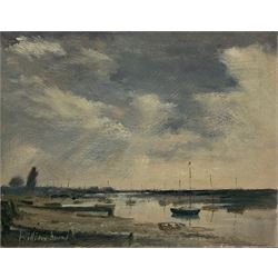 William Burns (British 1923-2010): 'Burnham Overy Staithe North Norfolk', oil on board signed, titled verso 18cm x 23cm (unframed)
Provenance: direct from the artist's family. Born in Sheffield in 1923, William Burns RIBA FSAI FRSA studied at the Sheffield College of Art, before the outbreak of the Second World War during which he helped illustrate the official War Diaries for the North Africa Campaign, and was elected a member of the Armed Forces Art Society. On his return to England, he studied architecture at Sheffield University and later ran his own successful practice, being a member of the Royal Institute of British Architects. However, painting had always been his self-confessed 'first love', and in the 1970s he gave up architecture to become a full-time artist, having his first one-man exhibition in 1979.