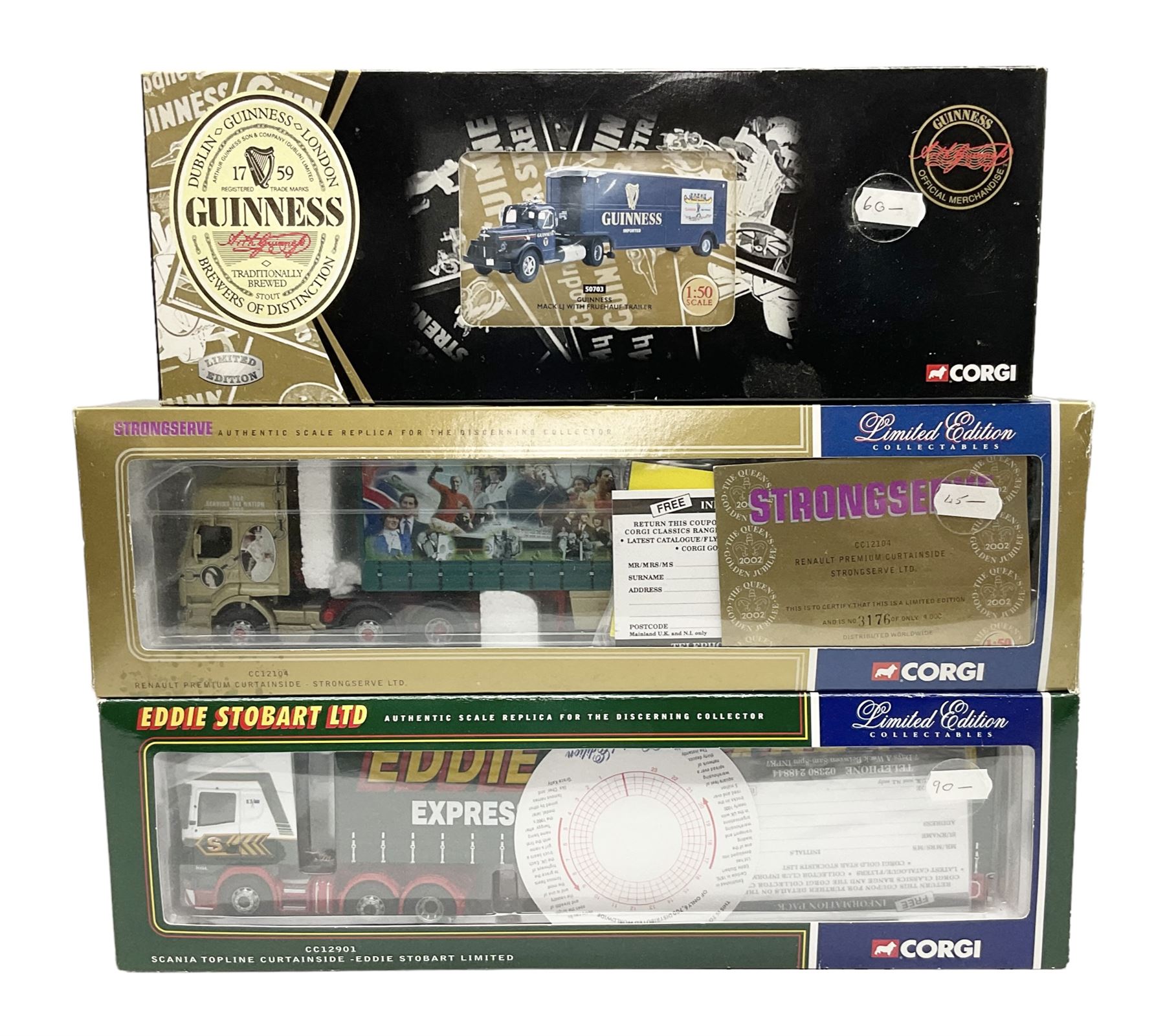Corgi - three limited edition lorries comprising CC12901 Scania Topline Curtainside Eddie Stobart Limited; CC12104 Renault Premium Curtainside Strongserve Ltd; and 50703 Guinness Mack LJ with Fruehauf Trailer; all boxed (3)