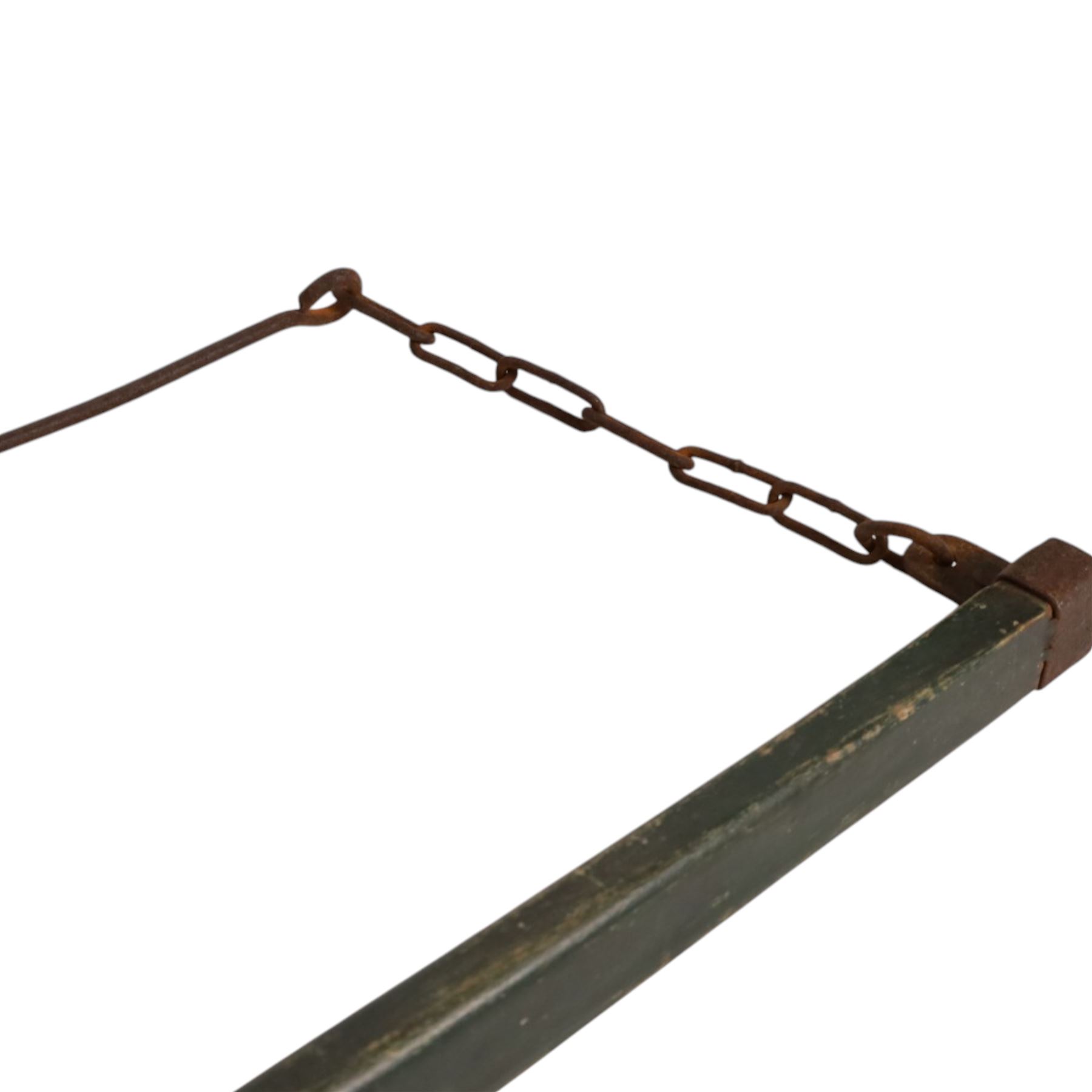 Green painted yoke with iron fittings and hooks, L118cm