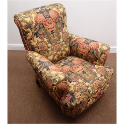 Victorian armchair, upholstered Liberty 'Finsbury' fabric, on mahogany square tapering legs, brass socket and ceramic casters  