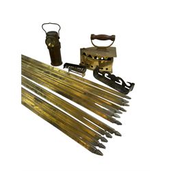 Brass stair rods, together with brass iron, ceag ltd mining lamp and other brassware 