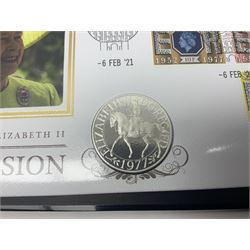 Commemorative coins and covers, including '80th Anniversary of the Battle of Britain' coin cover with Solomon Islands 2020 half dollar, 'Royal National Lifeboat Institution' coin cover with Alderney 2021 five pounds, 'Queen Elizabeth II's 95th Birthday' coin cover with Solomon Islands 2021 half dollar, other similar coin covers all in Harrington and Byrne folders, The Royal Mail 'HM The Queen's 95th Birthday' coin cover with 2021 five pounds and Queen Elizabeth II Isle of Man 2020 'Peter Pan' fifty pence coin collection in card folder