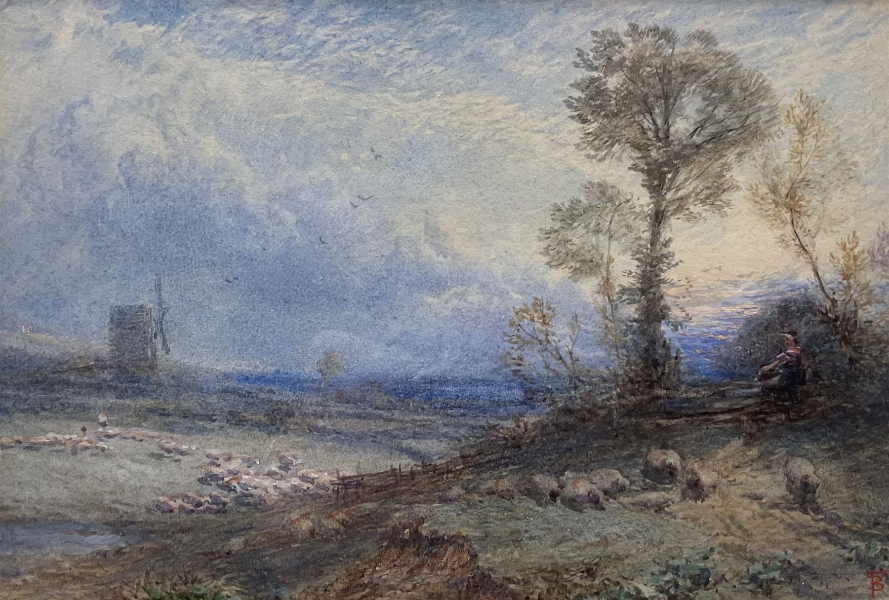Myles Birket Foster RWS (British 1825-1899): The Flock at Sunset, watercolour signed with monogram 11cm x 16cm 
Provenance: private collection, purchased James Alder Fine Art, Hexham