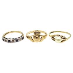  9ct gold Cladagh ring, sapphire and diamond ring and a pearl ring, all hallmarked  