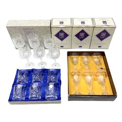 Set of six Edinburgh Crystal 'Continental' glass tumblers with original box, along with three boxed pairs of matching wine glasses and further boxed set of Cathedral Crystal glasses