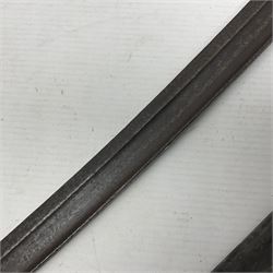 WWI Remington Pattern 1913 bayonet, the 43cm fullered blade with various marks to the ricasso including date code 11 16; in leather covered scabbard with various stamps including JWB 17 L58cm overall; and a French Model 1866 sabre bayonet (no scabbard)