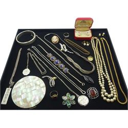9ct gold five stone cubic zirconia ring, 8ct gold single pink stone ring, 9ct gold cameo brooch and a collection of silver and costume jewellery including silver jet pendant necklace