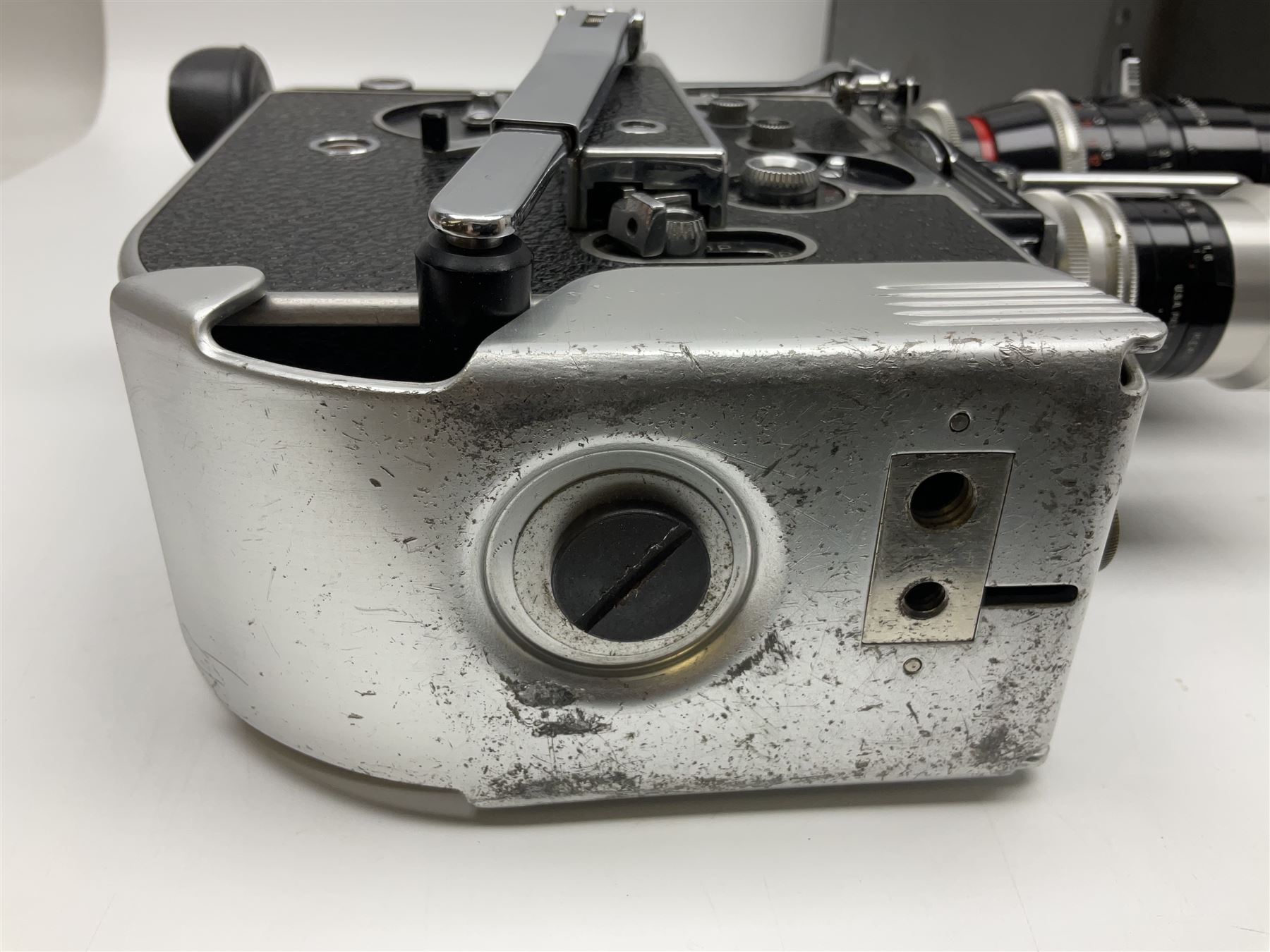 Bolex H16 Reflex camera body, serial no. 136928, with 'Macro-Switar 1:1.9 f=75mm' lens, serial no. 1131474, Switar H16 RX 1:1.6 f=10mm' lens, serial no. 1106324, with hard carry case