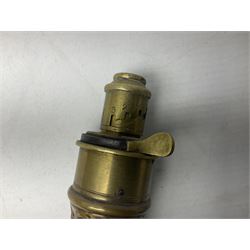 Copper and brass powder flask by G. & J.W. Hawksley Sheffield with embossed panel of 'Pharaohs Horses' to one side H21cm