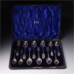 Set of six Victorian  silver fiddle pattern dessert spoons initialled 'W' and six matching...